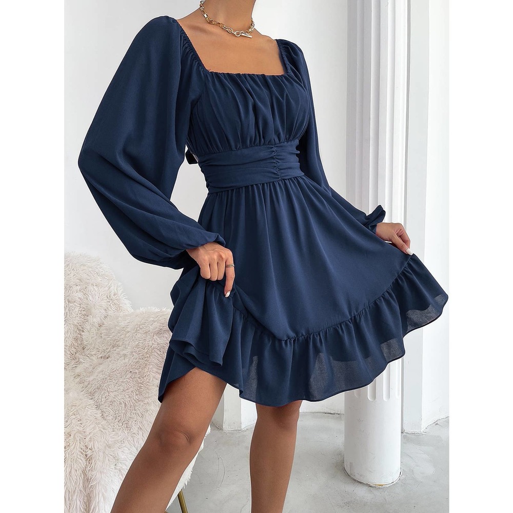 square neck long sleeve Knot Back Lantern Sleeve Ruffle Hem Dress black - Picture 11 of 11